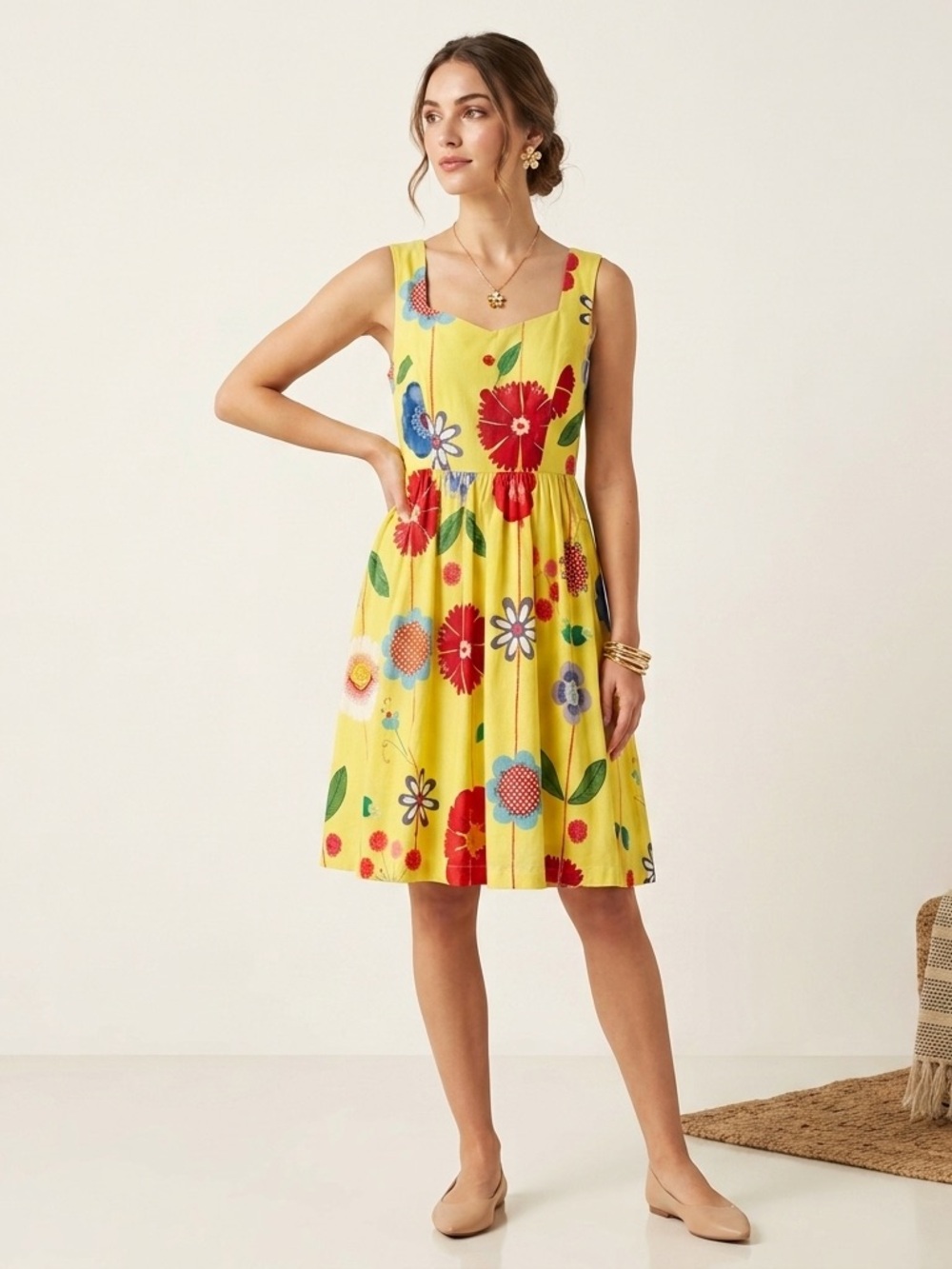 Modcloth Yellow Floral Cotton A-Line Dress XS Fit & Flare Sleeveless Summer